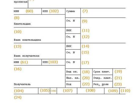 Образец платежного поручения с номерами полей