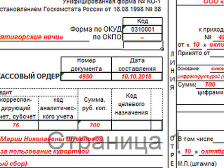 Образец приходного кассового ордера: пустой шаблон