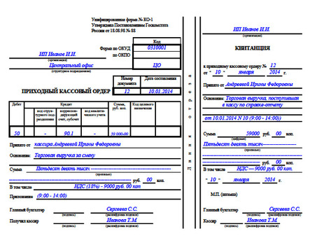 Пример заполненного бланка приходного кассового ордера