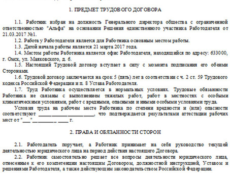 Образец трудового договора с генеральным директором|пример