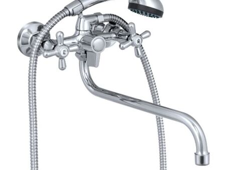 Смеситель СЛАВЕН СЛ-ДВ-О31 серия Прораб для ванны-умывальника, металлизированные маховики Крест, S-излив 310мм