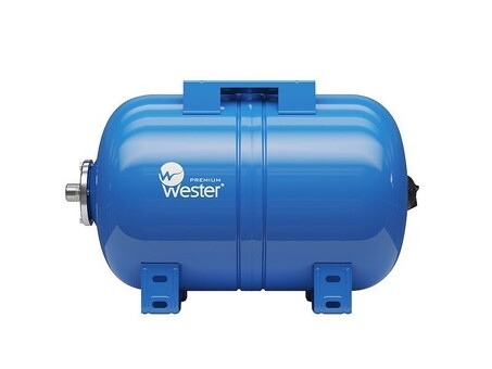 Гидроаккумулятор для водоснабжения WESTER WAO Premium объём 24л, DN 25, PN 10, Горизонтальный, резьбовое-НР, G-1'', с опорами, контрфланец из нерж. стали, голубой, Россия