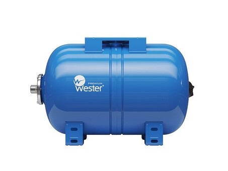 Гидроаккумулятор для водоснабжения WESTER WAO объём 24л, DN 25, PN 10, Горизонтальный, резьбовое-НР, G-1'', с опорами, голубой, Россия