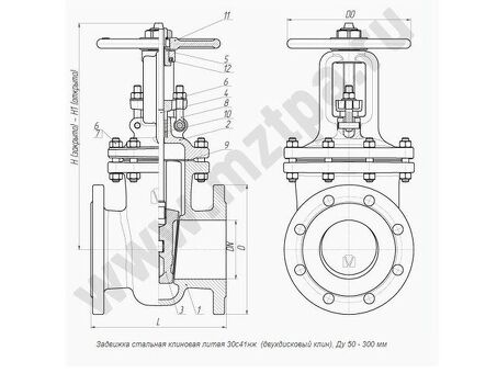 Задвижка стальная фланцевая 30с41нж, DN50 PN16, нержавеющая сталь, клиновой, класс А, L=180мм, МЗТА