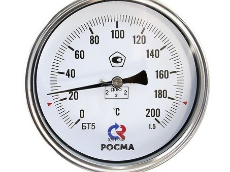 Термометр биметаллический РОСМА БТ-51.211, Ду 100, L 46мм, М20х1,5, 0+160гр. латунный, осевой