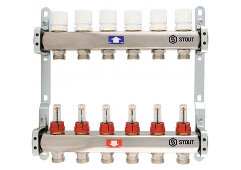 Коллектор стальной Stout с расходомерами на 8 выходов
