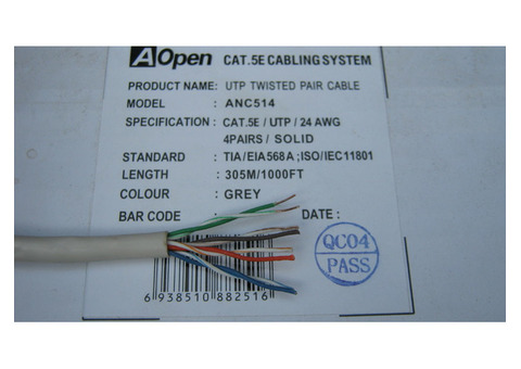 Характеристики кабель сетевой UTP, cat.5E, 305м, 4 пары, 0.50мм, CCA, одножильный (solid), серый
